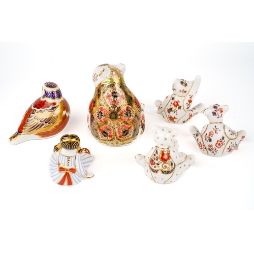 393 - A collection of Royal Crown Derby paperweights, including Imari bear with stopper; Imari bird with s... 