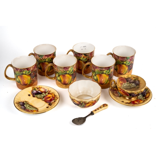 398 - An Aynsley Orchard Gold trio and spoon, together with six similar mugs (1 box)