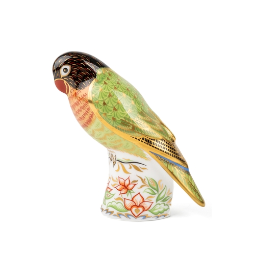 405 - A Royal Crown Derby black faced love bird, limited edition of 2500. Signed with gold stopper