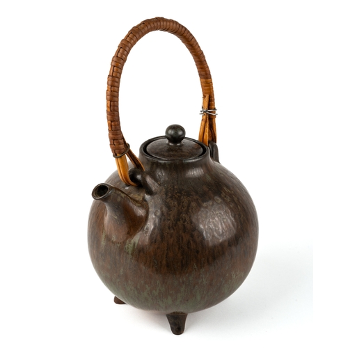 406 - A rare Gunnar Nylund for Rostrand 1960s fur glazed teapot, with wicker handle, total height includin... 