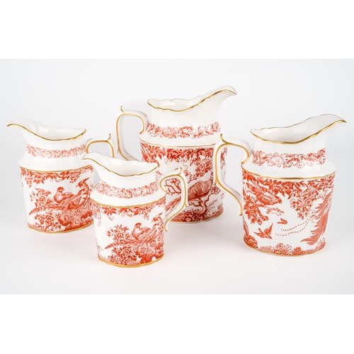 413 - Royal Crown Derby Red Aves pattern four jugs graduating , largest approx 13 cm tall, first quality