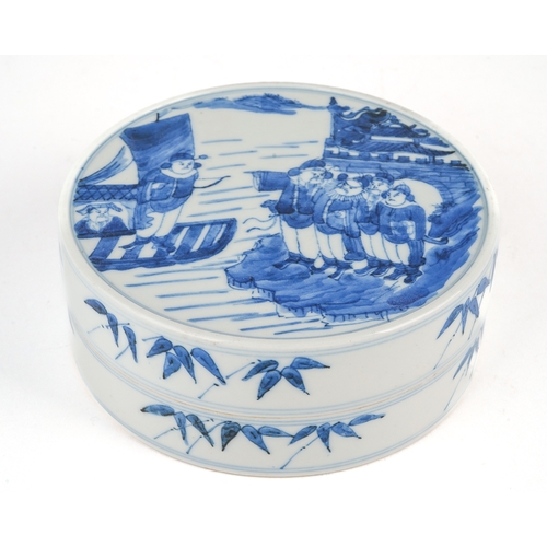 418 - A Chinese blue and white circular pot and cover, painted with figures on land and boat, the borders ... 