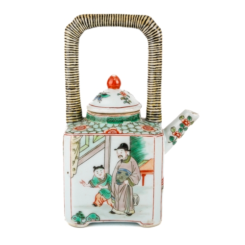 420 - A Chinese famille vert teapot and cover, painted depicting figures, striped handle, approx 17.5cm hi... 