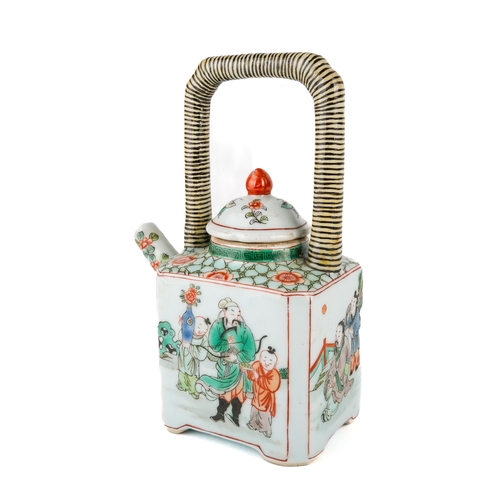 420 - A Chinese famille vert teapot and cover, painted depicting figures, striped handle, approx 17.5cm hi... 