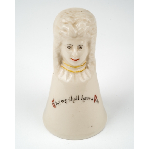 428 - Suffragette Interest - An early 20th century Arcadian crested ware bell, one side modelled as a lady... 