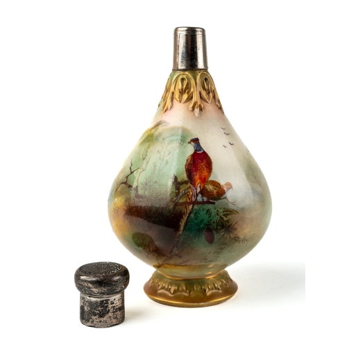 433 - An early 20th century Royal Worcester vase, painted with pheasants, with a silver top, approx 12cm h... 