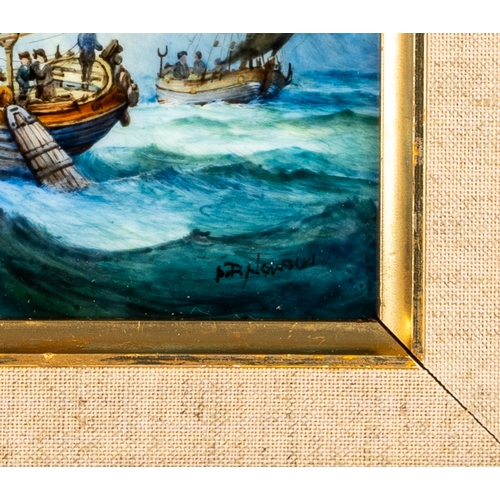 460 - An English porcelain rectangular plaque, painted by Stefan Nowacki, with sailing boats on the coast,... 