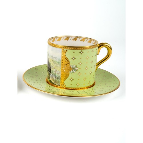 464 - Stefan Nowacki - a Derby pale-green-ground cabinet cup and saucer, painted with a view of Neath Cast... 