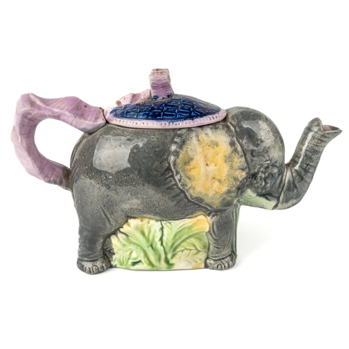 472 - A 19th century majolica tea pot in form of an elephant, approx 22cm long, 14cm high