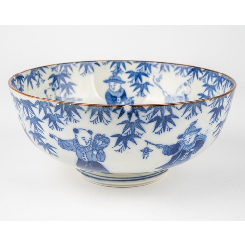 476 - A Chinese blue and white porcelain bowl, decorated with children playing and dragons to centre, seal... 