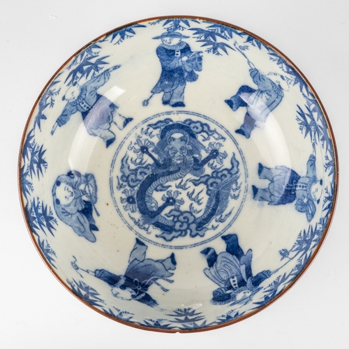 476 - A Chinese blue and white porcelain bowl, decorated with children playing and dragons to centre, seal... 