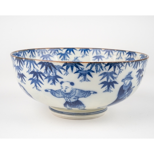 476 - A Chinese blue and white porcelain bowl, decorated with children playing and dragons to centre, seal... 