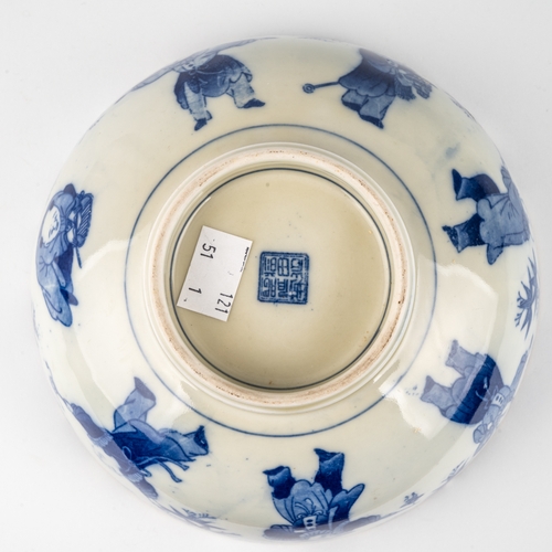 476 - A Chinese blue and white porcelain bowl, decorated with children playing and dragons to centre, seal... 