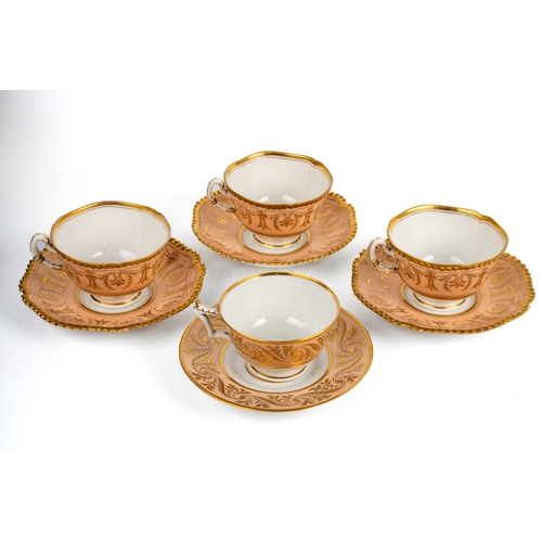 478 - Four Worcester Flight Barr & Barr cups and saucers, early 19th century, gold gilt decoration on salm... 