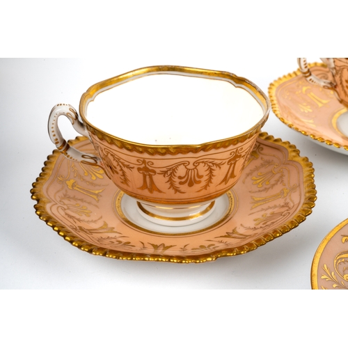 478 - Four Worcester Flight Barr & Barr cups and saucers, early 19th century, gold gilt decoration on salm... 