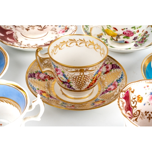 479 - A collection of 19th century cups and saucers, to include Minton turquoise border, two Coalport, Hic... 