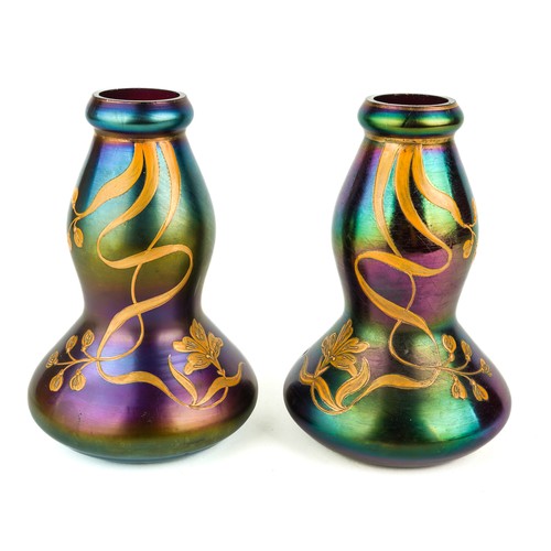 489 - A pair of Harrach iridescent Art Nouveau vases, with raised gilt decoration, circa 1900, approx 18.5... 