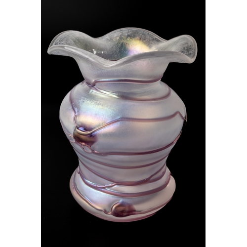 496 - A later 20th Century Poschinger 'Hanging Heart' iridescent glass vase, shouldered and waisted with w... 