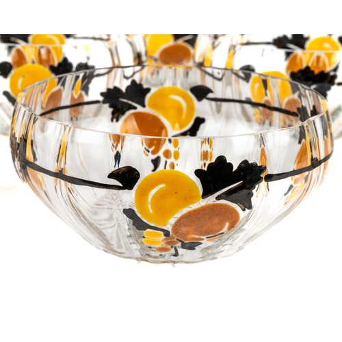 503 - A set of ten Marcel Goupy Art Deco glass bowls, enamelled with orange and green fruit within black b... 