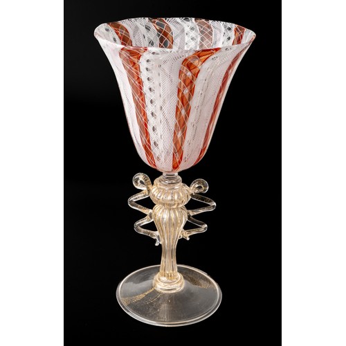 506 - A Zanfrico Facon de Venis glass goblet - Salviati or Ballerin, the bowl with latticino and cranberry... 