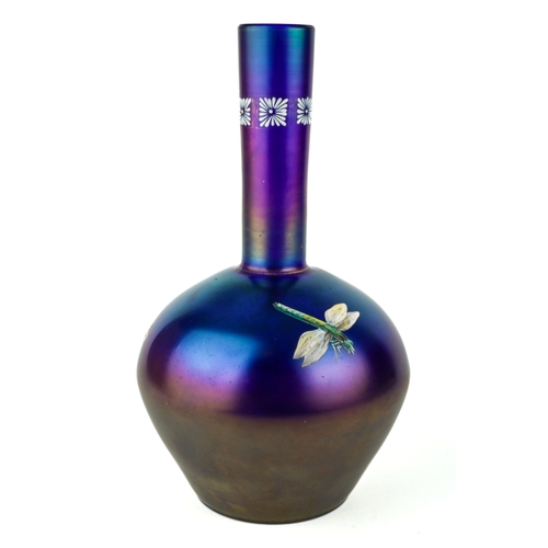 519 - An Art Nouveau iridescent glass vase, enamelled with insects, approx 22.5cm high