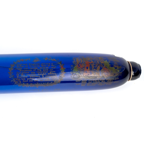 520 - A large 19th century Bristol Blue glass rolling pin, decorated with nautical scenes and poems , titl... 