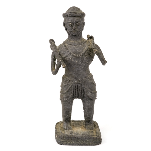 526 - A collection of 3 bronze/brass figures to include Oriental dragon figure, cast African Benin figure ... 