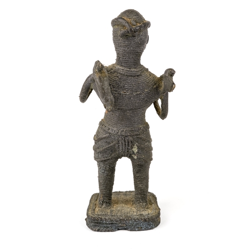 526 - A collection of 3 bronze/brass figures to include Oriental dragon figure, cast African Benin figure ... 