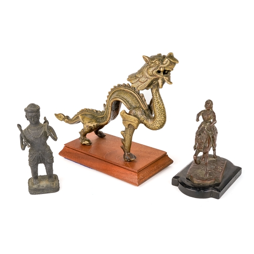 526 - A collection of 3 bronze/brass figures to include Oriental dragon figure, cast African Benin figure ... 