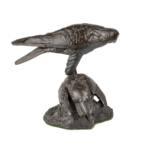 540 - Jeanne Rynhart (Irish 20th century) a limited edition bronzed figure group, depiciting a bird of pre... 