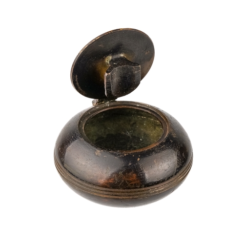 550 - A small portable bronze (possibly Chinese) brush holder/ water pot. Approx 5 cm in diameter