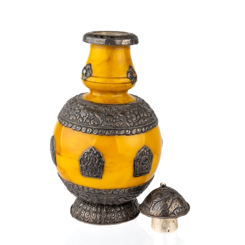 554 - Vintage Amber coloured silver mounted Tibetan flask with lid, coral and turquoise inset stones, 21 c... 