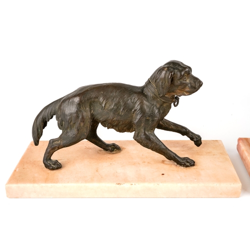 556 - Pair of antique animalier bronze dogs on marble bases, circa 1890s, bases measure 28 x 12 cm