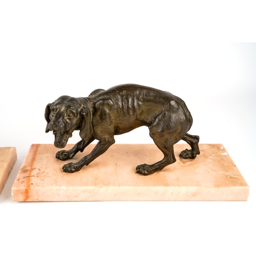 556 - Pair of antique animalier bronze dogs on marble bases, circa 1890s, bases measure 28 x 12 cm