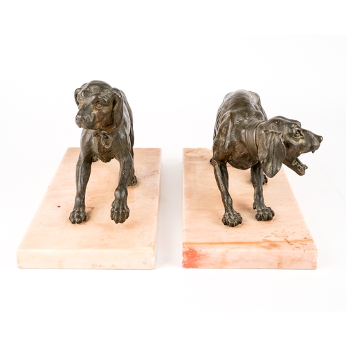 556 - Pair of antique animalier bronze dogs on marble bases, circa 1890s, bases measure 28 x 12 cm