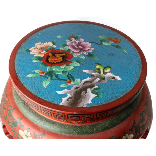 565 - A Chinese red lacquer stand with top inlaid with cloisonné panel depicting flowers and birds , aprox... 