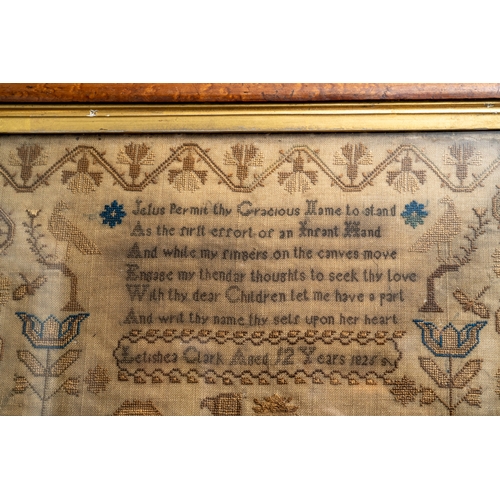 566 - A Georgian needlework sampler. Dated 1825 by Letishea Clark age 12. In antique maple frame. Frame me... 