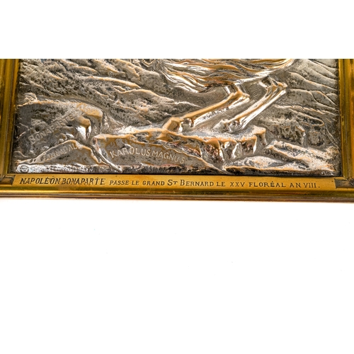 567 - Antique silverplated bronze plaque after J.L. David Napoleon Bonaparte crossing the Alps names and t... 