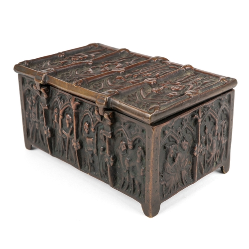 575 - Antique medieval style cast bronze casket, gilded interior, 14 x7 x8.5 cm