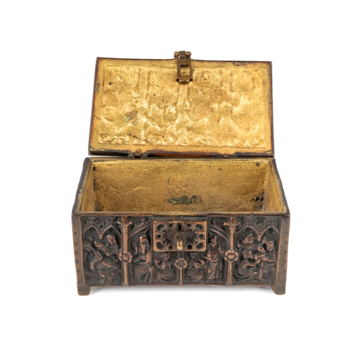 575 - Antique medieval style cast bronze casket, gilded interior, 14 x7 x8.5 cm