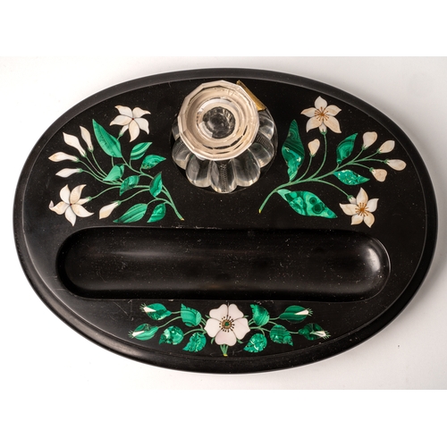 585 - A Victorian Derbyshire Ashford marble oval standish, inlaid sprays of flowers, aperture for inkwell ... 