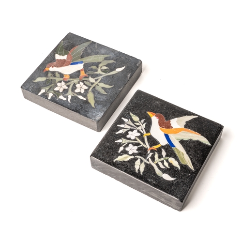 589 - A matched pair of late 19th century specimen slate tiles, inlaid with birds on branches, approx 10cm... 