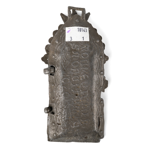 597 - A cast metal wall hanging shrine, the hinged front cast with figures opening to reveal a figure of a... 