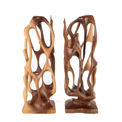 615 - A pair of mid-century carved yew wood sculptures, depicting dancers, approx 30.5cm high