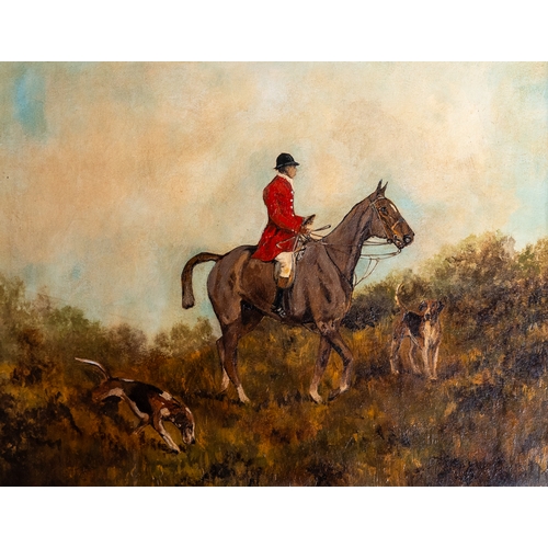 630 - George Wright oil on board of a huntsman and hounds in glazed gilt frame, signed to back.  Frame mea... 