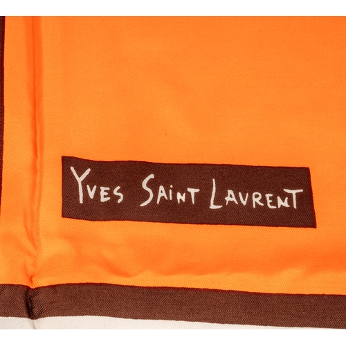 652 - Yves Saint Laurent silk scarf in orange, white and blue, 85 x 85cm