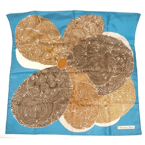 653 - Christian Dior silk scarf in brown, white and blue, 76 x 76cm