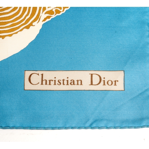 653 - Christian Dior silk scarf in brown, white and blue, 76 x 76cm