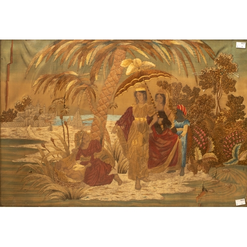 658 - Large antique embroidered silk work picture of a biblical scene of the Baby Moses  discovered by Pha... 