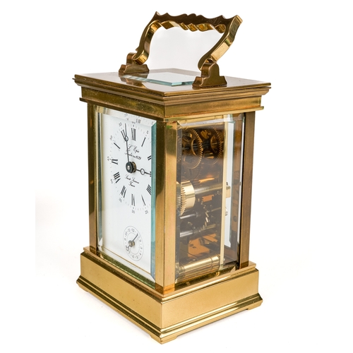 671 - A 20th century French repeating brass carriage clock by L’Epée, white enamel dial with Roman and Ara... 